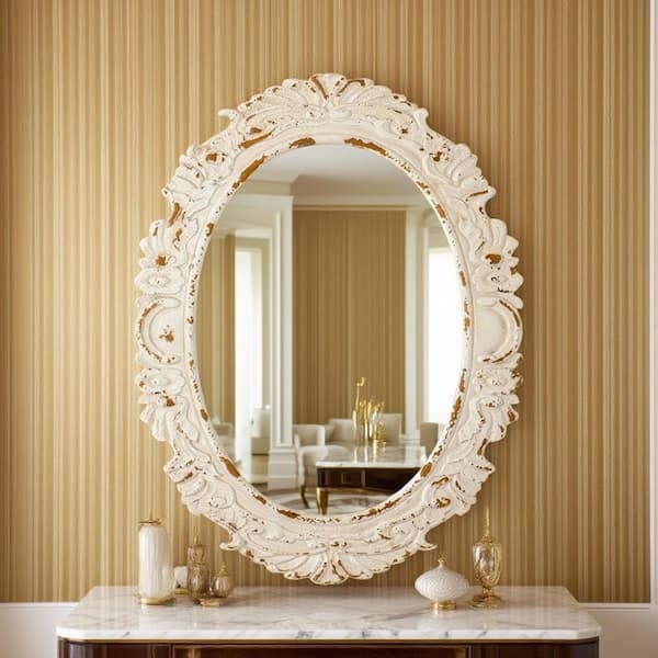Baroque Oval Mirror with Distressed Antique White Finish