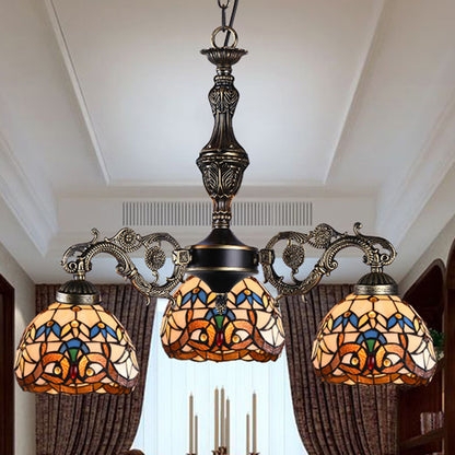 Baroque Three-Light Chandelier with Scrolled Metal and Scalloped Shades