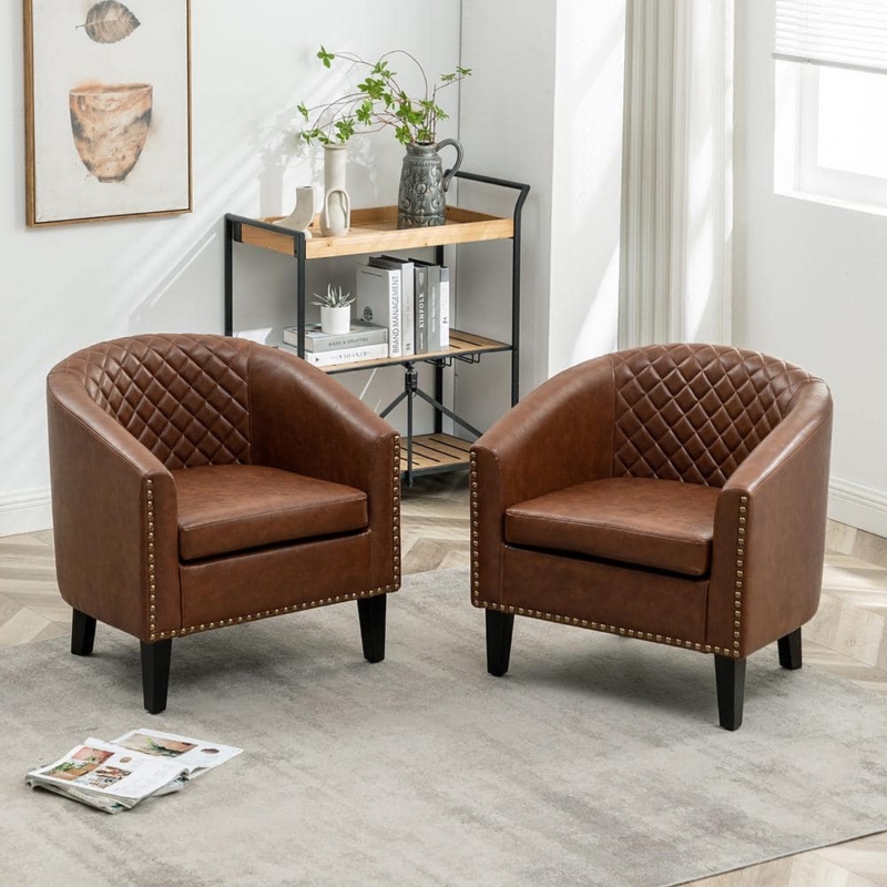Barrel Chair Diamond Quilting Nailhead Trim Cognac Brown Transitional