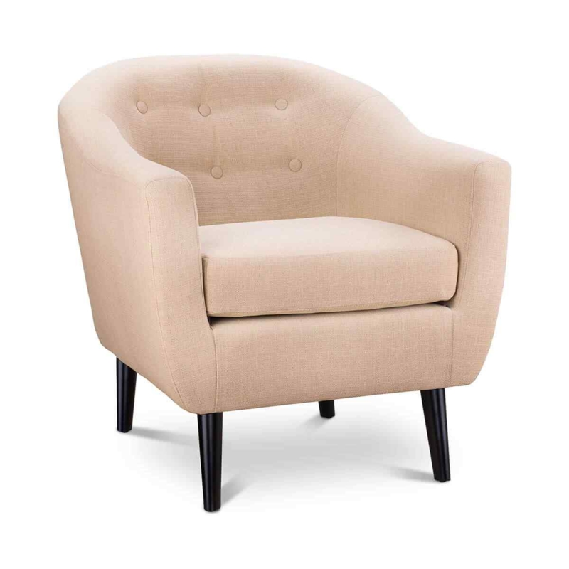 Barrel Chair featuring a button tufted barrel back and tapered legs.