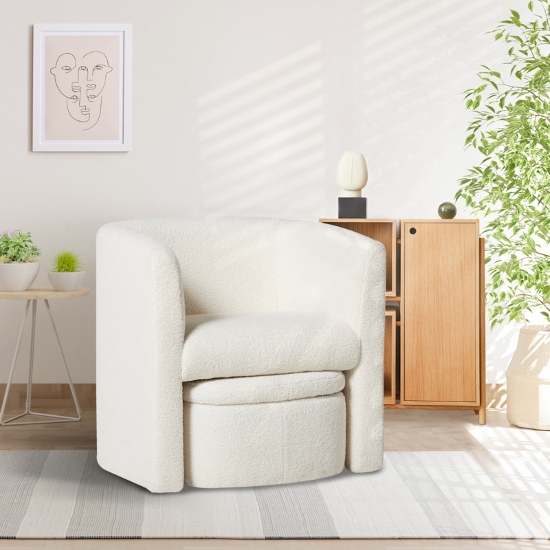 Barrel Chair Storable Ottoman Nubby Texture Cream Compact Bedroom Seating