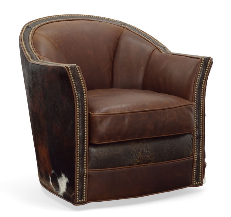 Barrel Chair Swivel Brindle Hair on Hide and Leather Nailhead