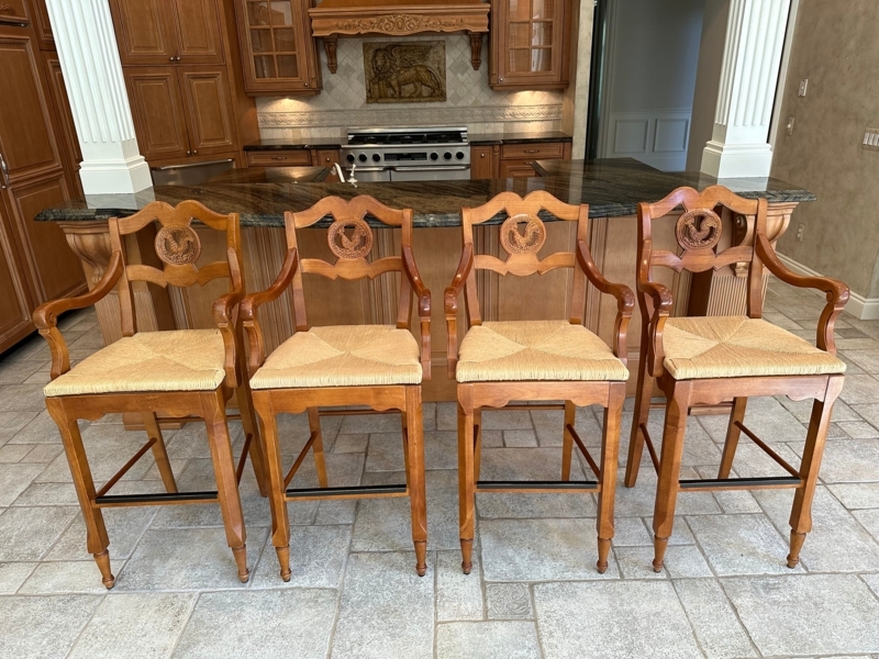 Barstools, Set of 4: Rooster Carving Woven Rush Seat Curved Arms