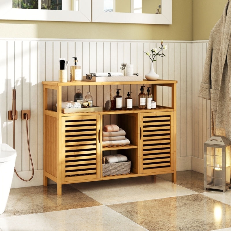 Bathroom Cabinet Central Shelves Horizontal Slats Storage Unit