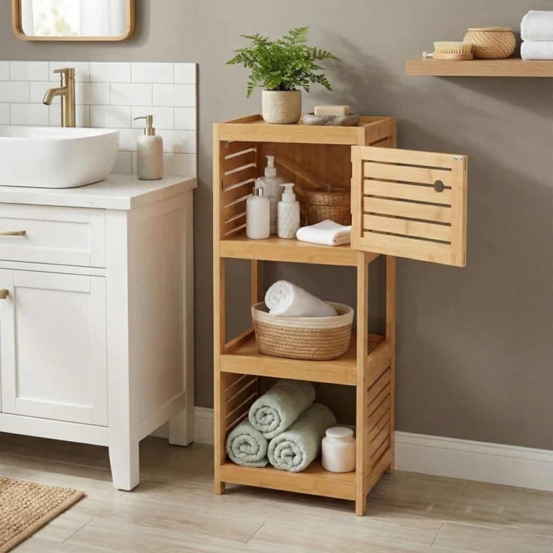 Bathroom Cabinet Circular Cutout Handle Slatted Sides Vented Door