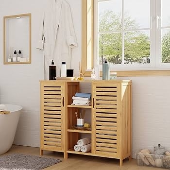 Bathroom Cabinet Integrated Open Shelf Slatted Doors Spa Storage