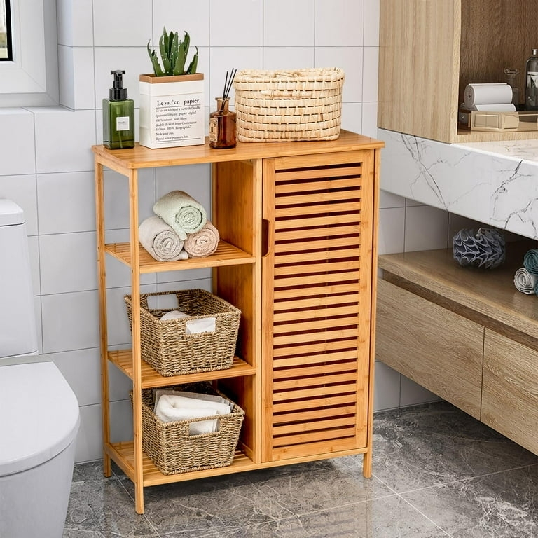 Bathroom Cabinet Louvered Front Woven Wicker Storage Baskets
