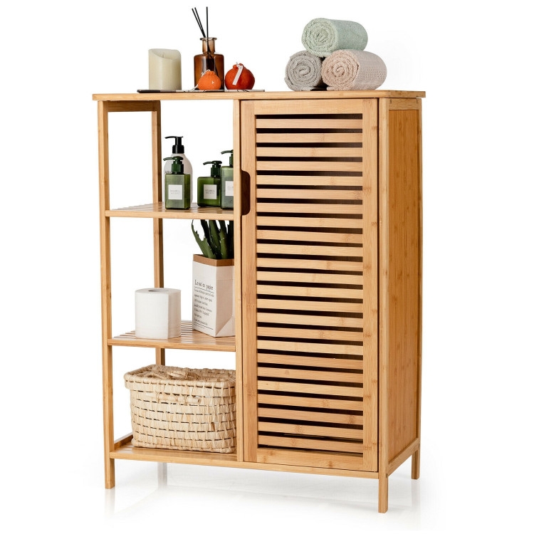 Bathroom Cabinet Tapered Legs Bamboo Texture Integrated Handle Narrow