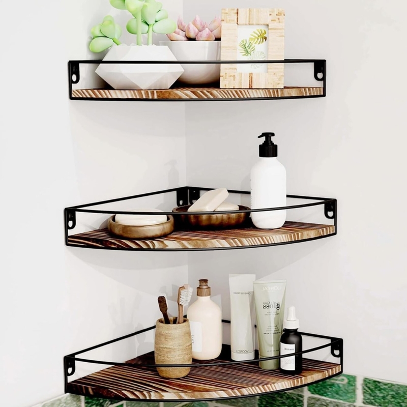 Bathroom Corner Storage Set: Walnut Wood with Black Metal Guardrail