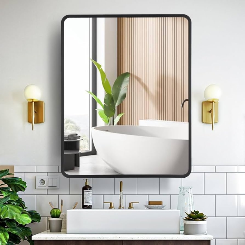 Bathroom Mirror Rounded Corners Matte Black Wall Mounted