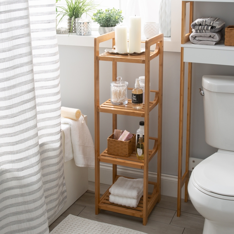 Bathroom Shelving Tower Slatted Bamboo Tiers Rounded Top 4-Tier