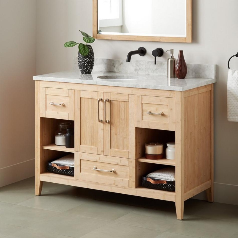 Bathroom Vanity Marble Top Side Open Cubbies Bamboo Construction