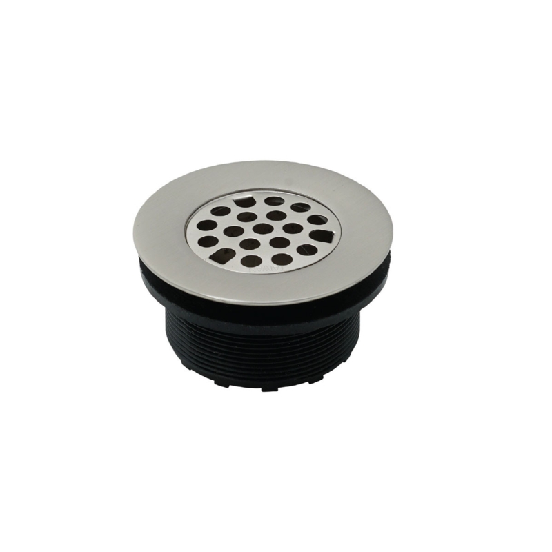 Bathtub Drain Strainer, Black Threaded Base, Brushed Metal Rim