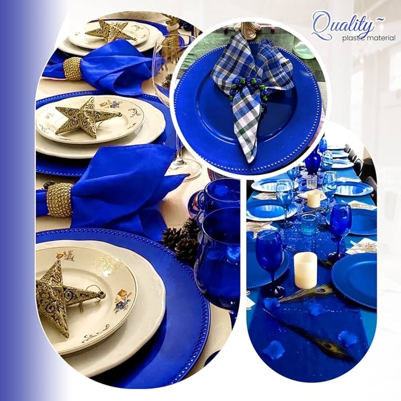 Beaded Blue Charger Plate Set with Gold Star Accents for Winter Decor