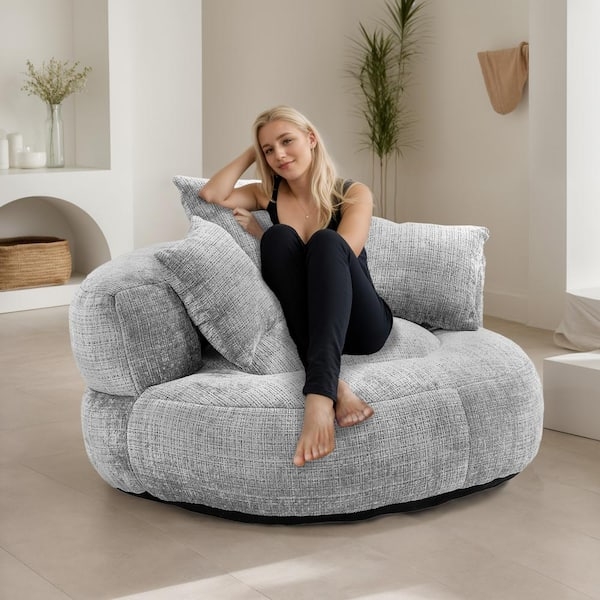 Bean Bag Chair featuring chunky weave chenille. Modern oversized floor seating.