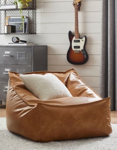 Bean Bag Chair Flange Seams Cognac Leather-Like Industrial Teen Lounge Seat