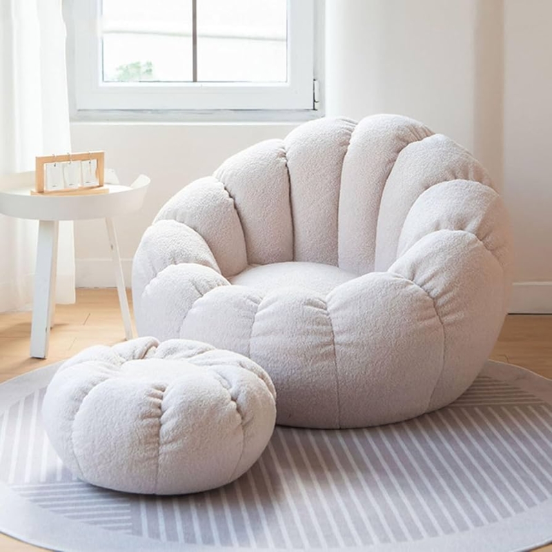 Bean Bag Chair with Matching Ottoman, Cream Ribbed Shell Design
