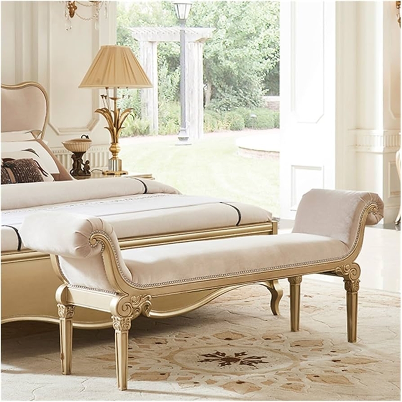 Bed Bench: Classical Champagne Fabric with Antique Gold Carved Legs