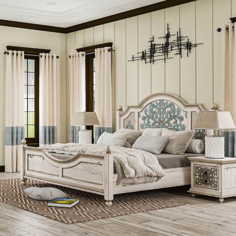Bed Frame Distressed Whitewash Teal Scrollwork Ornate Medallion Shabby Chic