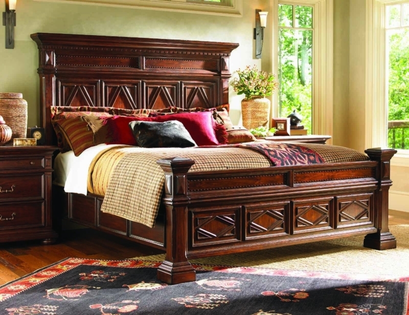 Bed Frame, Geometric Paneled Headboard, Walnut Brown, Traditional Lodge