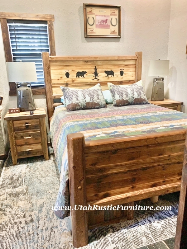 Bed Frame, Reclaimed Barnwood, Bear Paw Accents, Rustic Cabin Decor