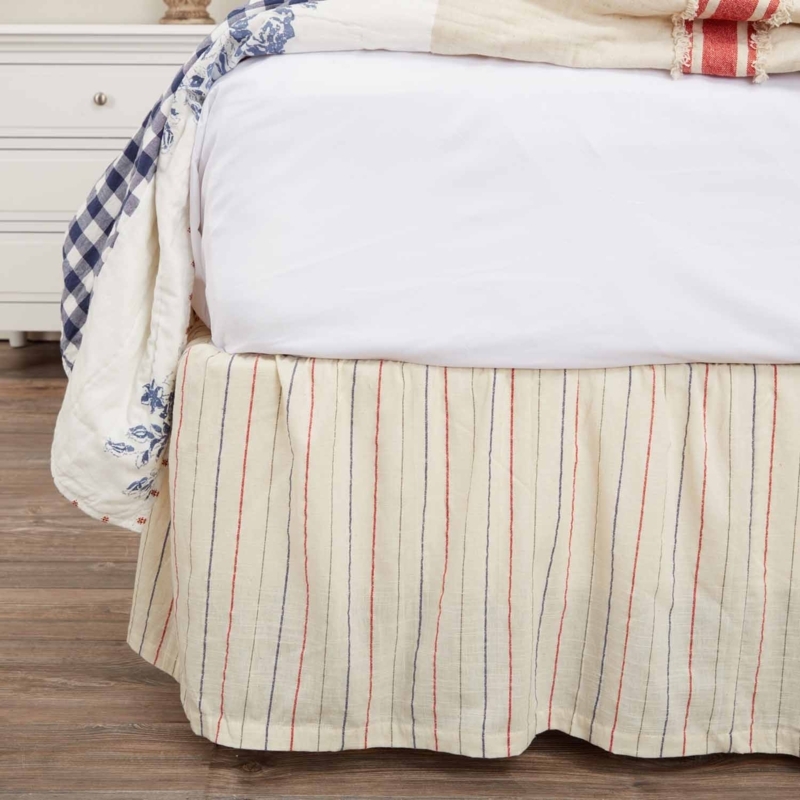 Bed Skirt Cream with Vertical Red and Blue Stripes
