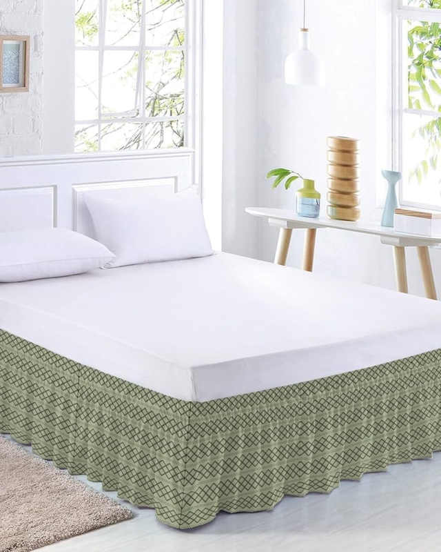 Bed Skirt Sage Green Geometric with Ruffled Elastic Wrap