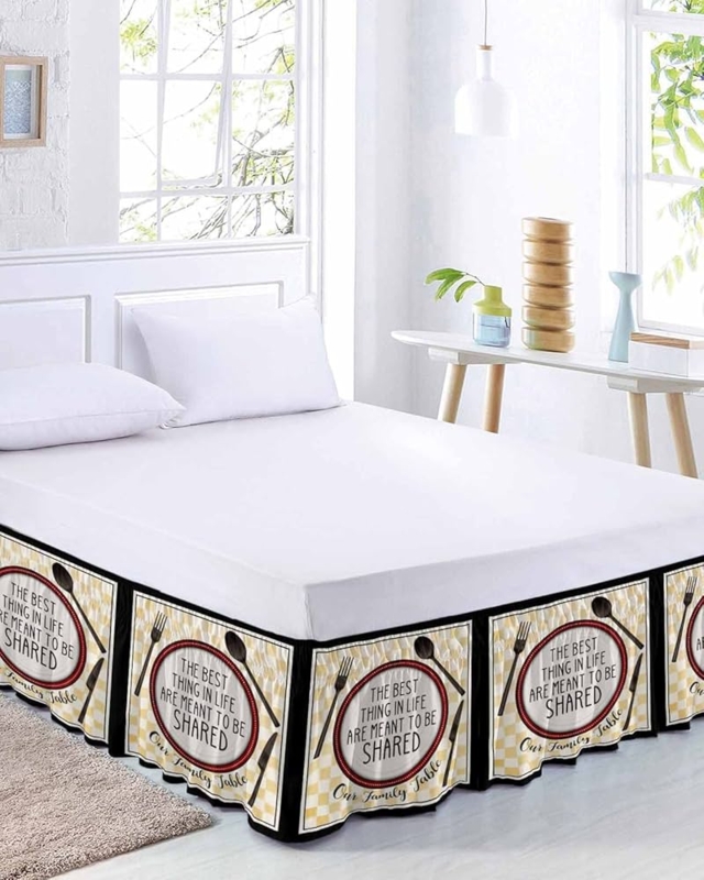 Bed Skirt Warm Yellow Checkered with Cutlery Graphics
