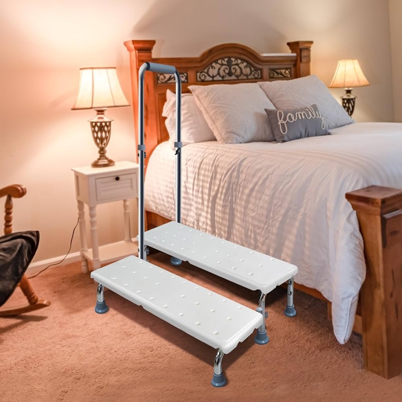 Bed Step Stool with Adjustable Safety Handle, Extra Wide White Platform