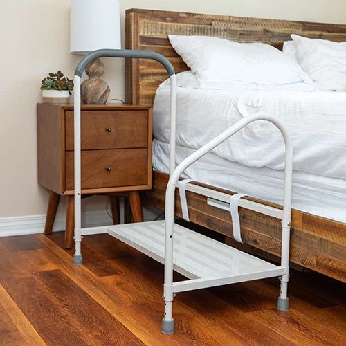 Bed Step Stool with Safety Straps, Adjustable White Dual Handrails