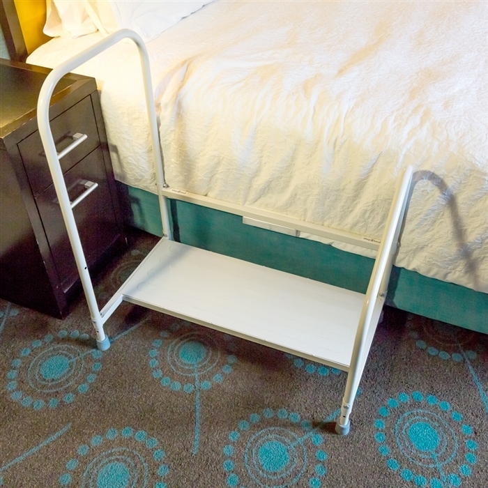 Bed Step Stool with Side Stabilizer, White Integrated Handrail