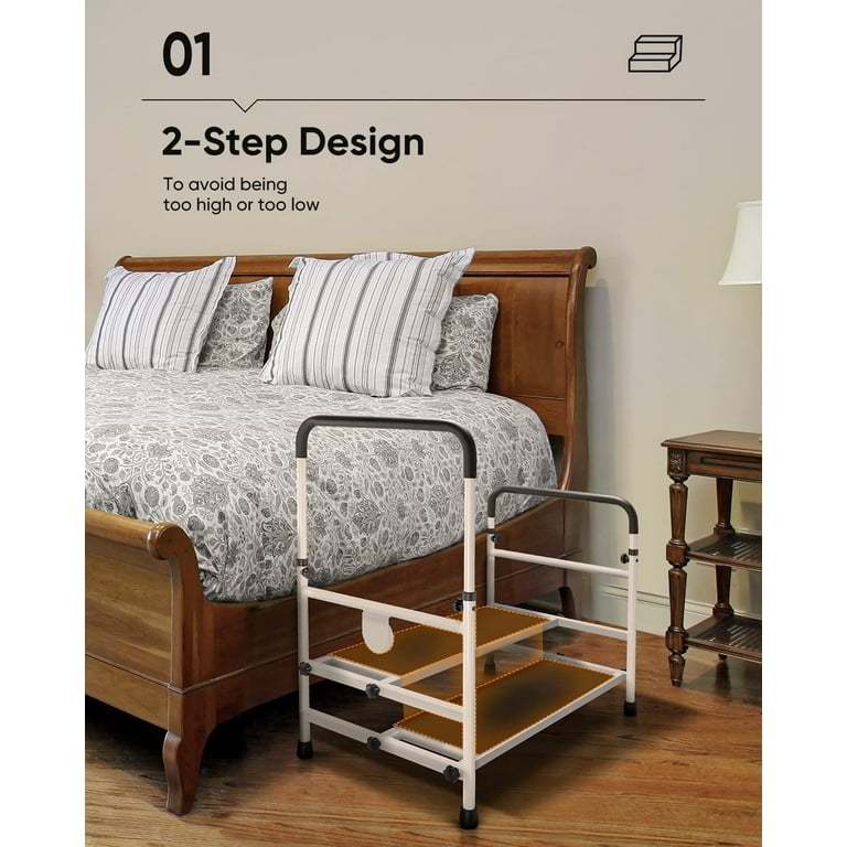 Bed Step Stool with White Aluminum Frame, Dual Adjustable Handrails