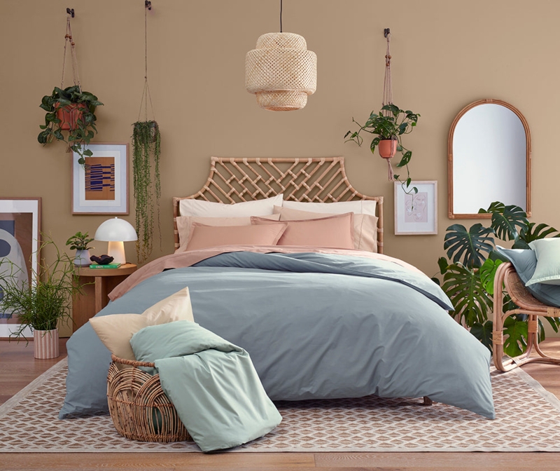 Bedding Ensemble Slate Blue Duvet Lattice Headboard Organic Cotton