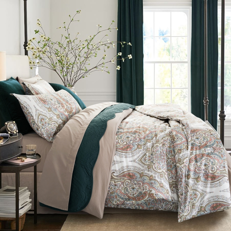 Bedding Set Scalloped Teal Quilt Paisley Scroll Moroccan Style