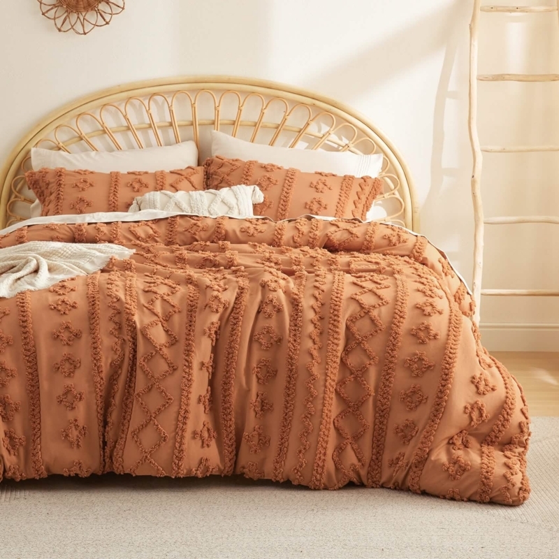 Bedding Set Terracotta Hue Rattan Headboard Desert Modern