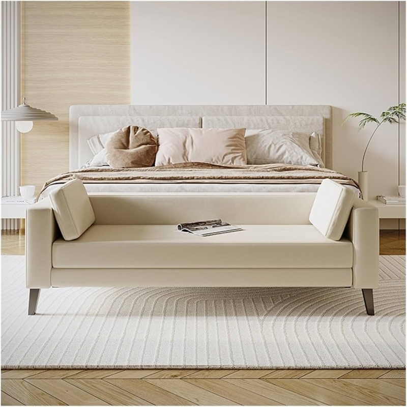Bedroom Bench in Beige with Side Bolster Pillows and Low Backrest