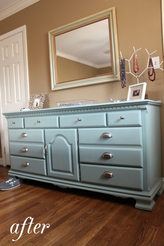 Bedroom Dresser: Teal Blue Finish Cup Pull Hardware Dentil Molding Trim