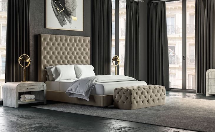 Bedroom Ottoman: Warm Beige Upholstery with Deep Button Tufting Details