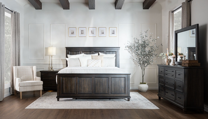 Bedroom Set, Dark Charcoal Wood, Paneled Headboard, Modern Farmhouse