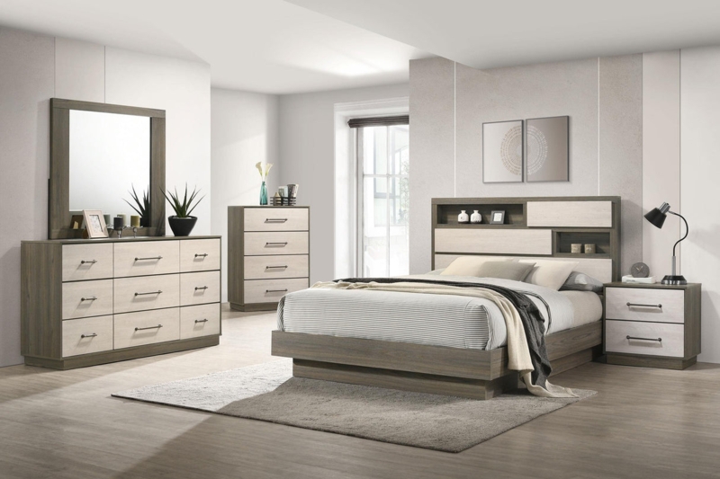 Bedroom Set Gray Oak Horizontal Grain Two Tone Panels Platform Base