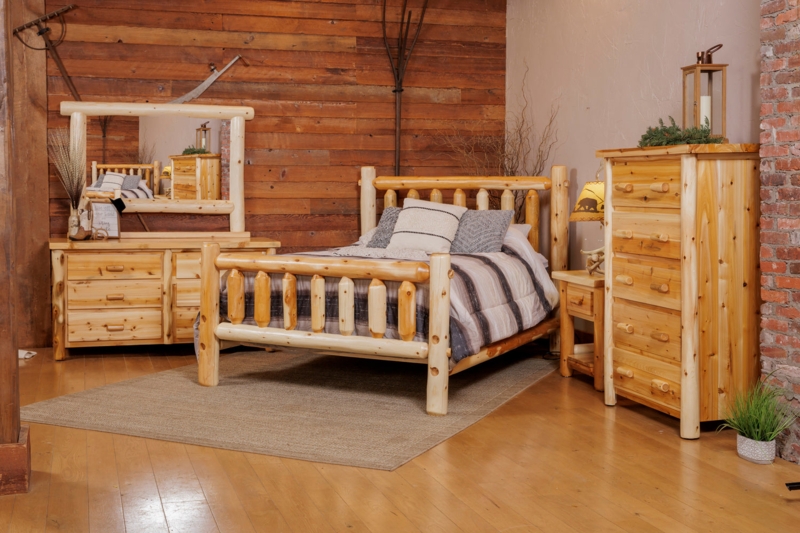 Bedroom Set, Peeled White Cedar Logs, Vertical Slats, Rustic Cabin Style