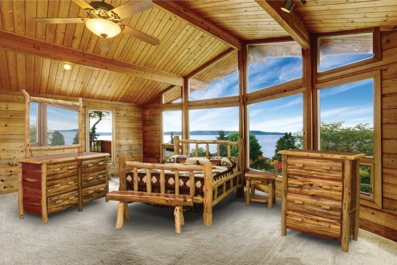 Bedroom Set, Red Cedar Log Post Frame, Bark-On Handles, Rustic Lodge
