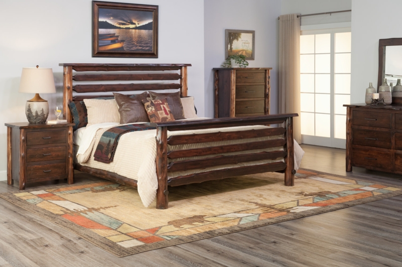 Bedroom Set, Rustic Cedar Log Frame, Wildlife Motif, Dark Wood Cabin Suite