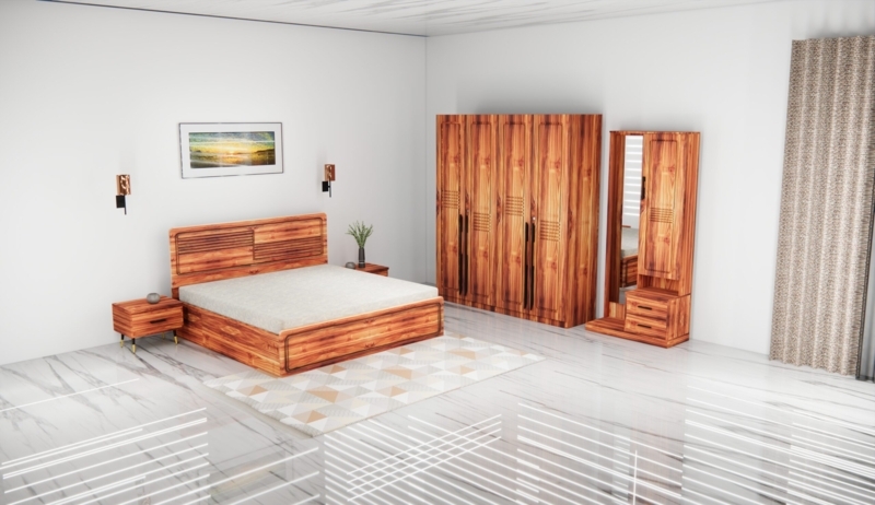 Bedroom Set, Slatted Headboard, Warm Honey, Modern Platform Bed