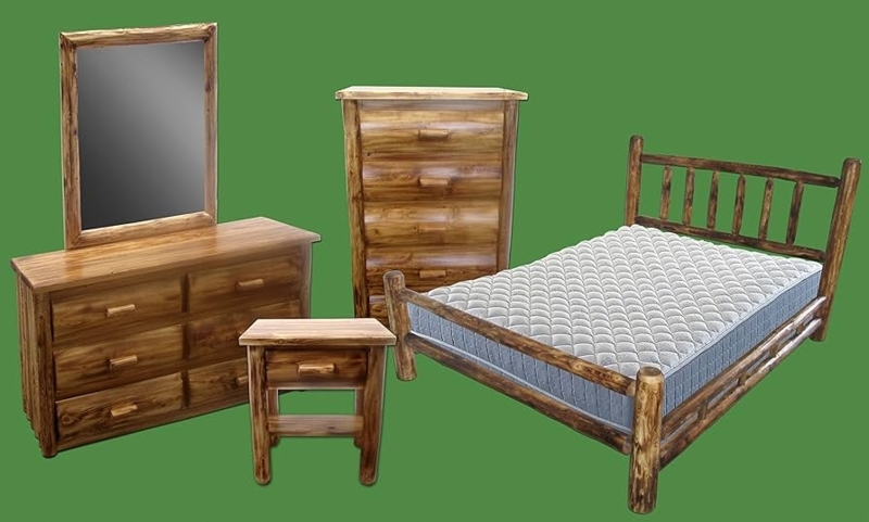 Bedroom Set, Torched Cedar Finish, Double Log Rails, Rustic Cabin Style