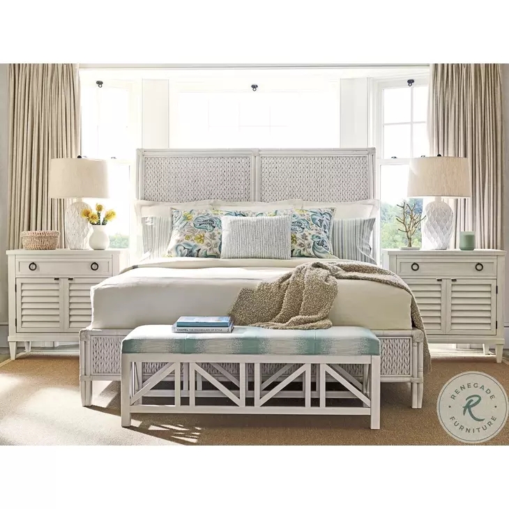 Bedroom Set Woven Rattan Panels, Louvered Doors, White Woven Sleigh Bed