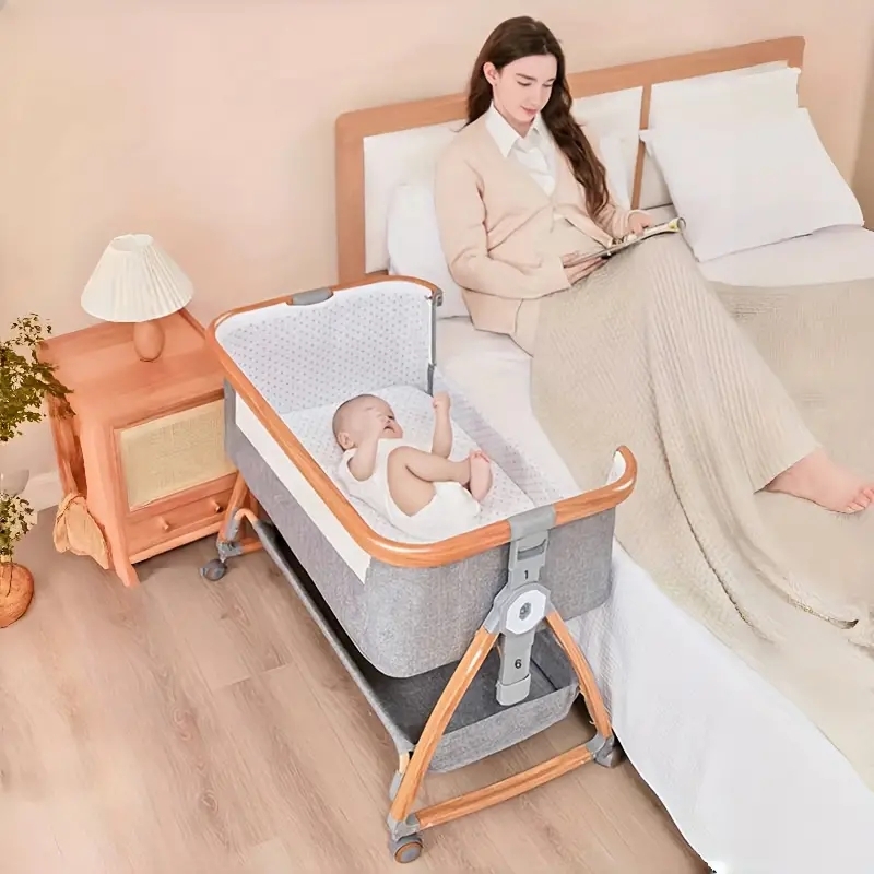 Bedside Baby Bassinet, Light Grey Fabric with Wood Toned Legs