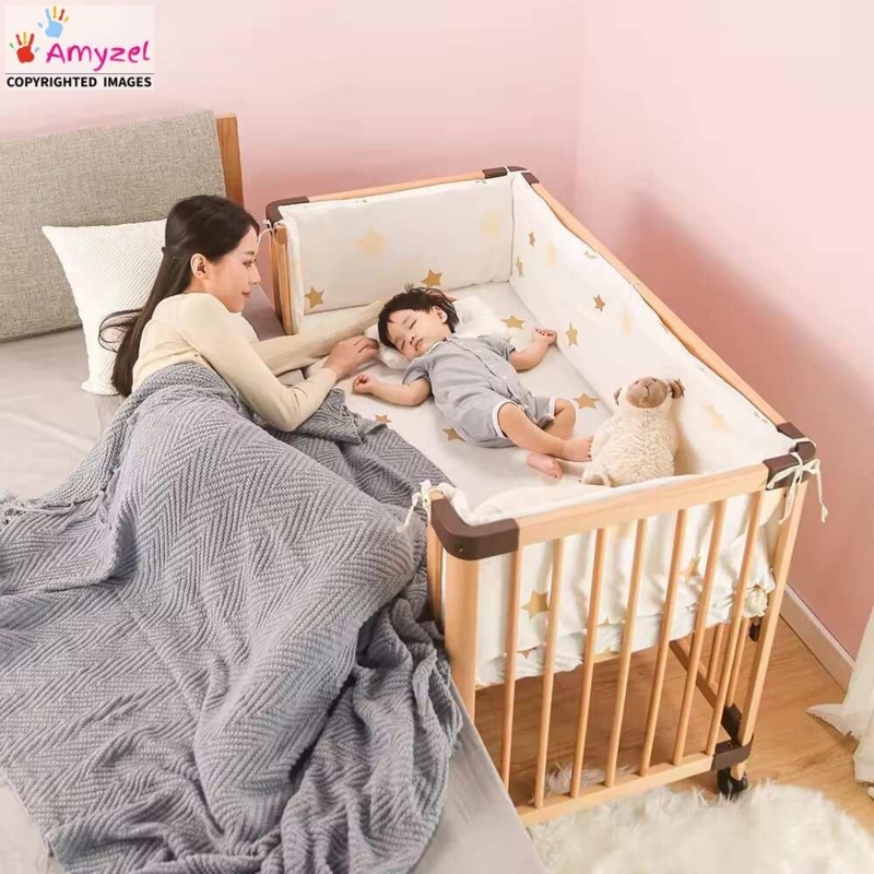 Bedside Sleeper Crib, Wood Frame with Star Pattern Bumper