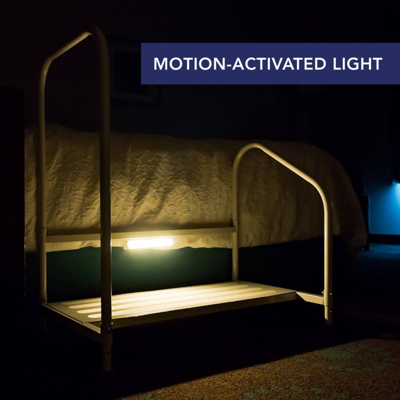 Bedside Step Stool with Motion Activated Light, White Dual Rails