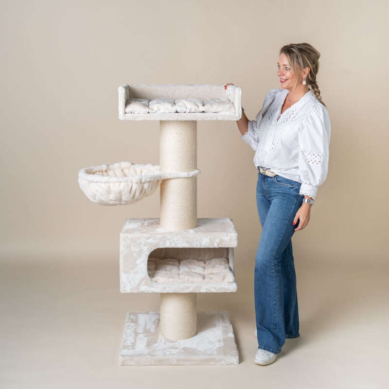 Beige Cat Tree Tower with Side Hammock & Quilted Cushions